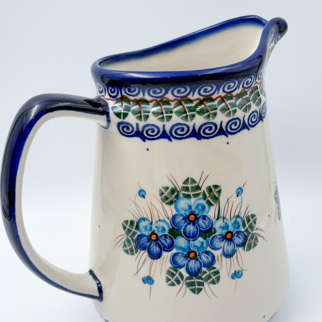 48 oz. Jacek Pitcher.  Hand painted Polish pottery stoneware UNIKAT Pansy Blues
