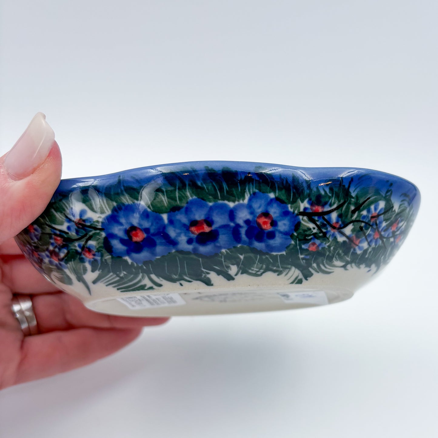 5" Soap Dish.  Handmade Polish pottery.  UIKAT Forget Me Not Design