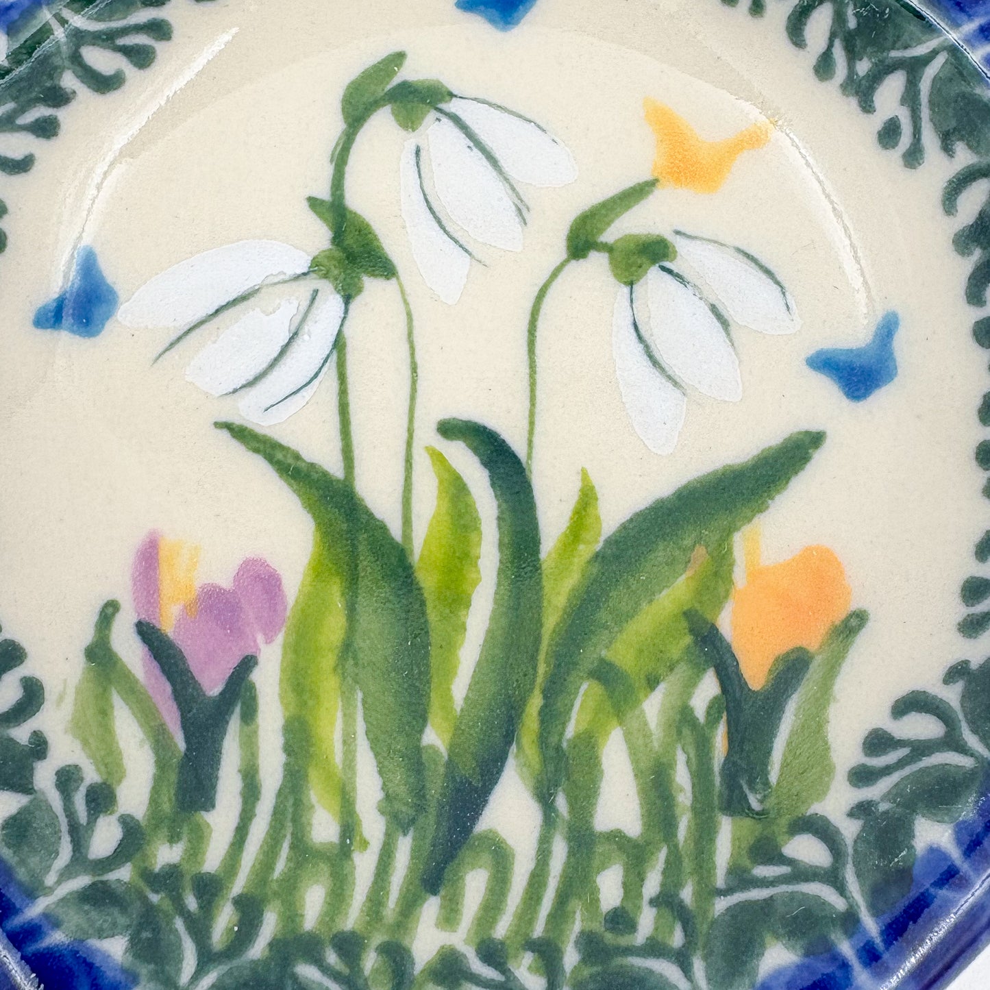 Teabag Rest Holder.  Handmade Teapot Polish pottery.  UNIKAT Snowdrop Garden