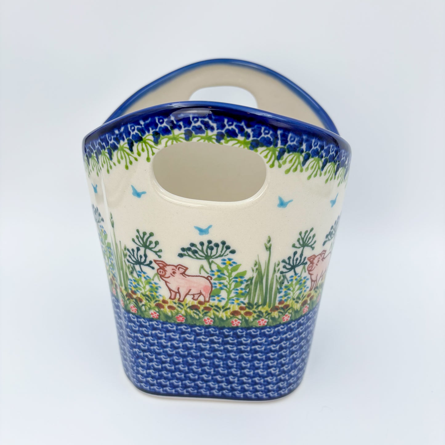 Basket Container & Utensil Med.  Handmade Polish pottery.  UNIKAT Piglet Pasture Design