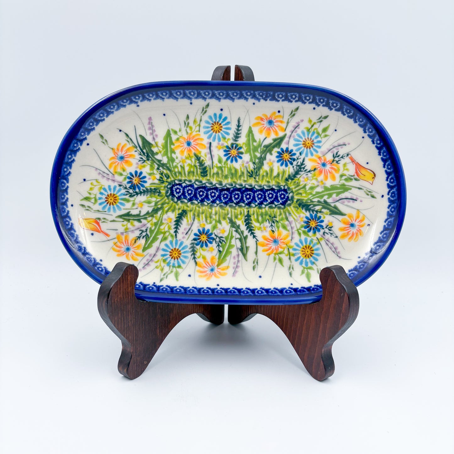 9” Oval Platter.  Hand crafted Polish pottery stoneware: UNIKAT Wildflower Meadow Design