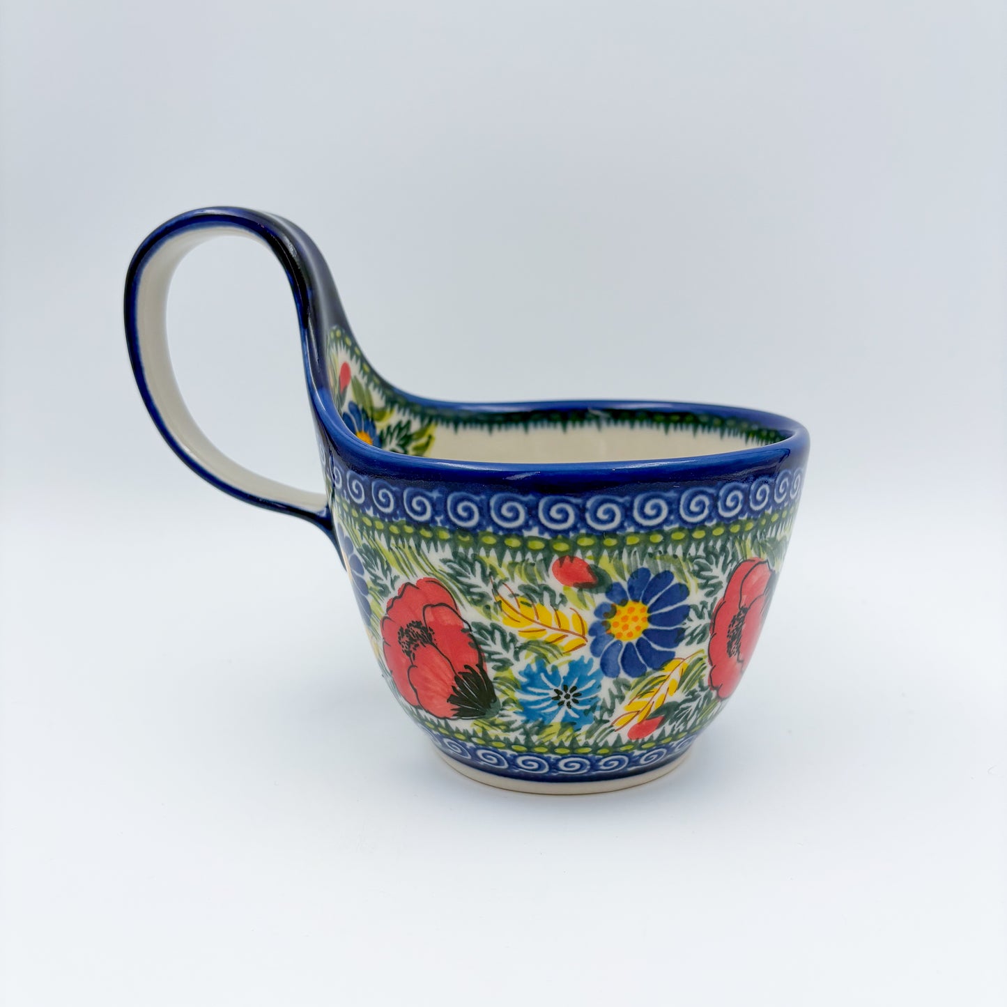 12 oz Bowl/Mug with Loop-Handle.  Hand crafted Polish pottery stoneware: UNIKAT Garden Poppy