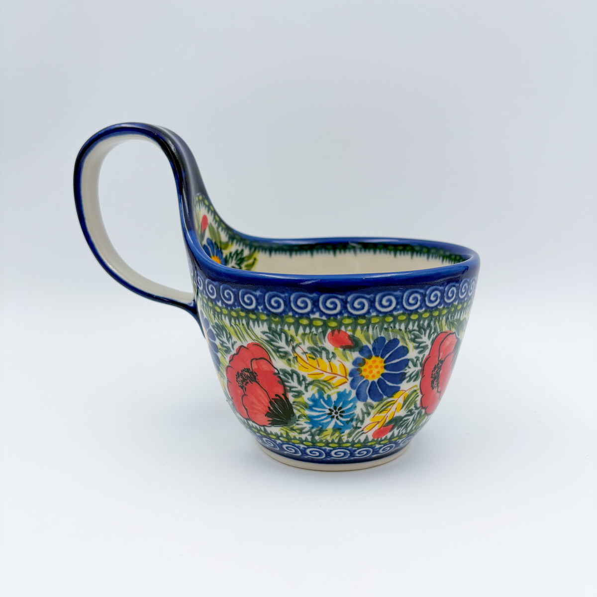 Garden Poppy loop-handle bowl mug on white background, front view