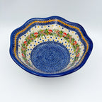 Mushroom Design wavy bowl, top-down view of mushroom wreath and blue dotted center