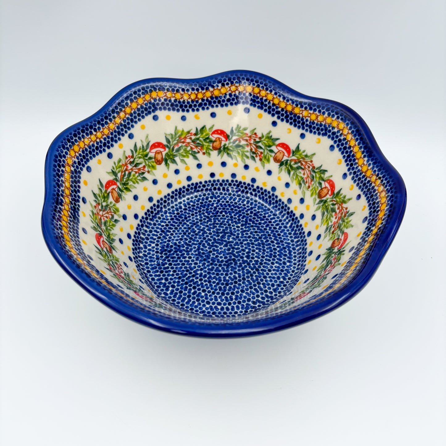 9” Wavy Bowl.  Hand crafted Polish pottery stoneware:  Mushroom Design