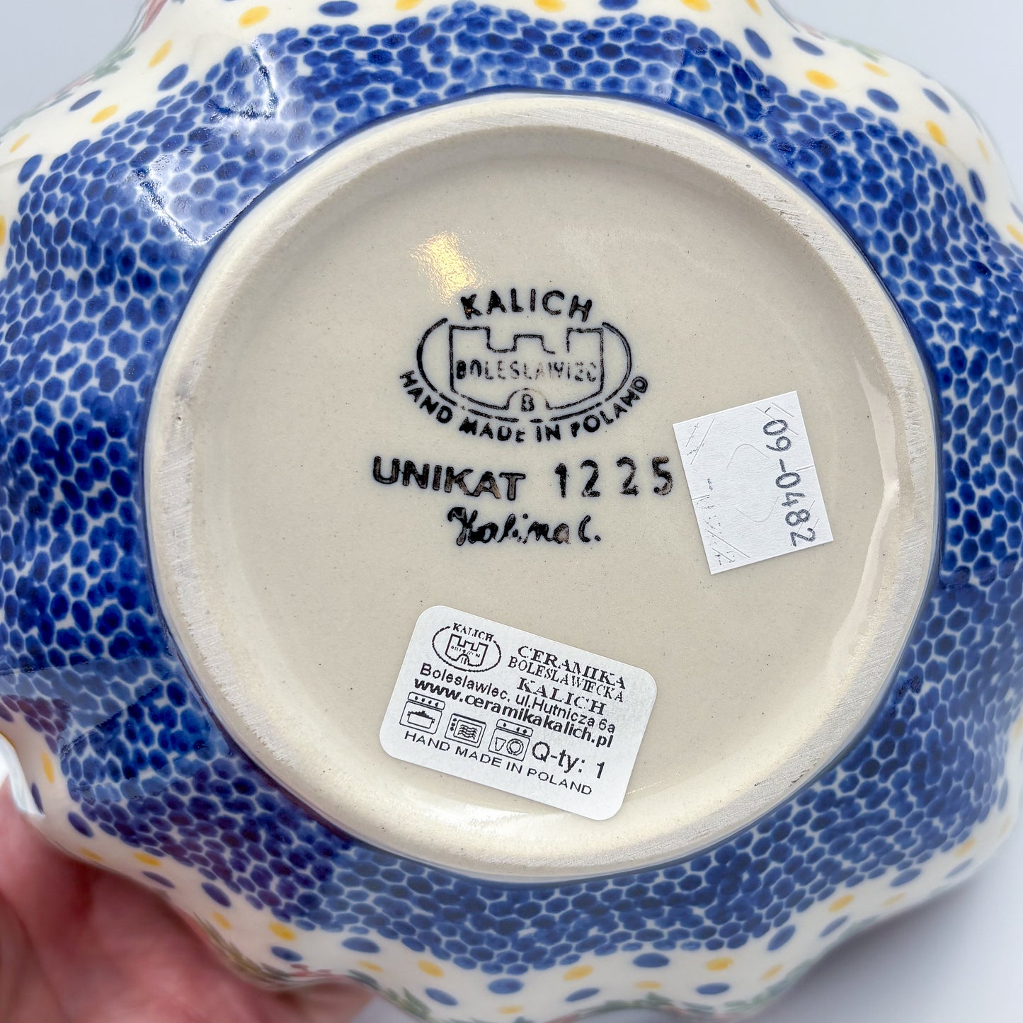 10" Lodka Bowl with Handles.  Hand crafted Polish pottery stoneware:  UNIKAT Mushroom Pattern