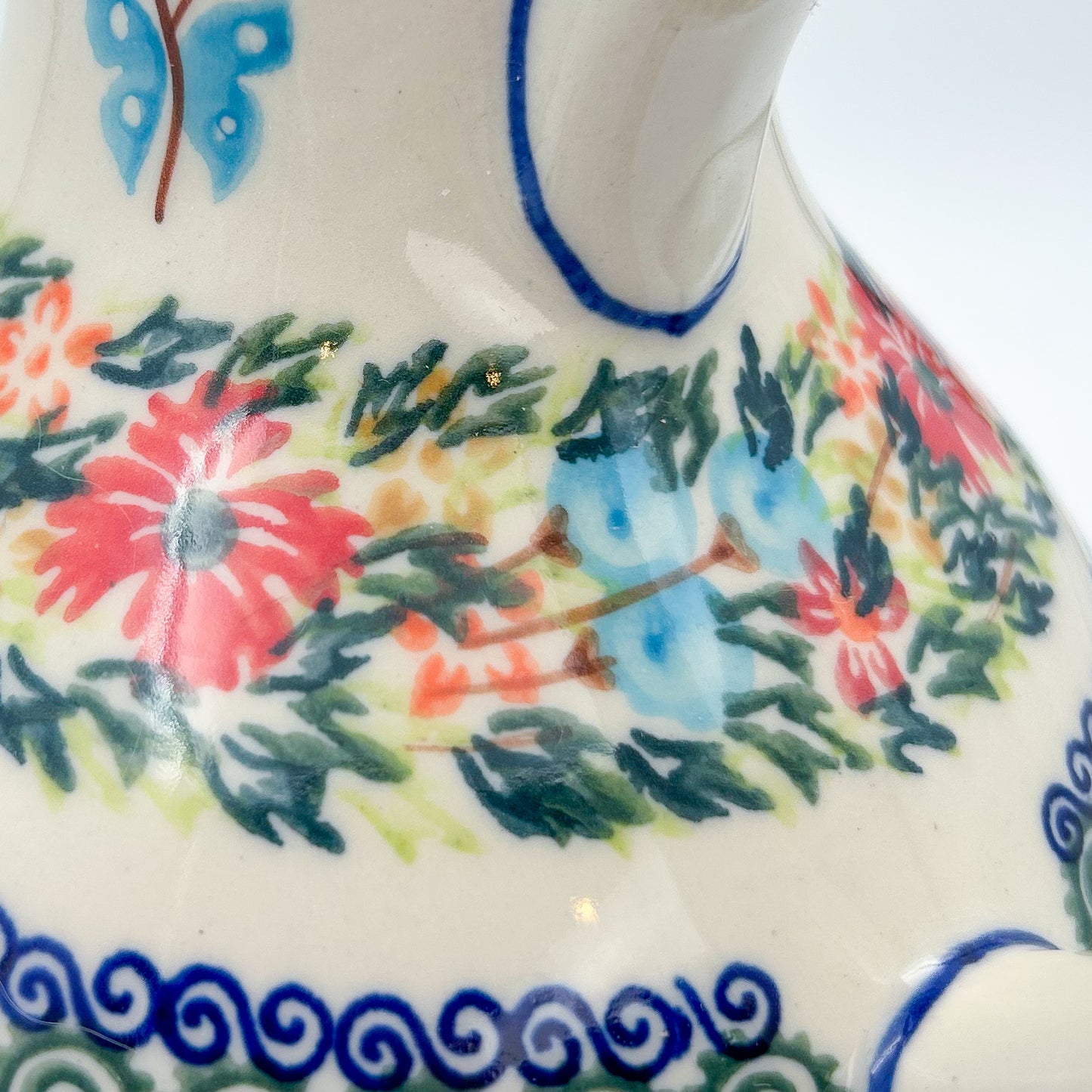 5 cup. Pitcher.  Hand painted Polish pottery stoneware.  UNIKAT Ring of Flowers