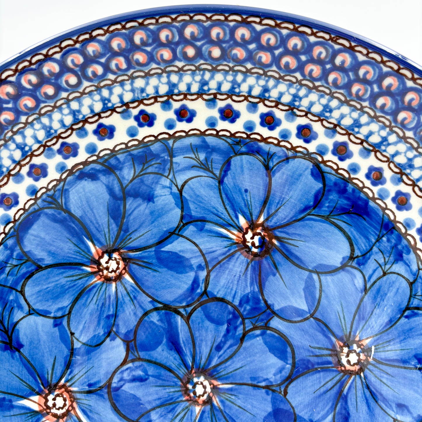10.5” Plate.  Hand crafted Polish pottery stoneware: UNIKAT Cobalt Poppies