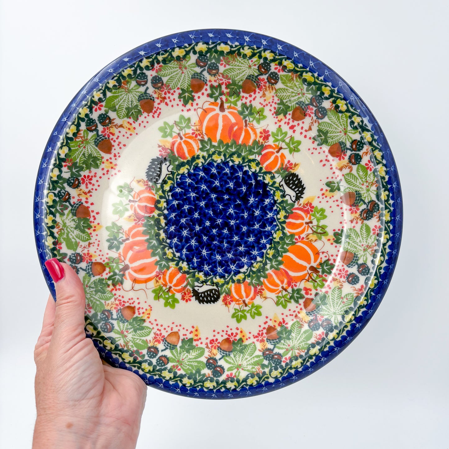 10.2” Plate.  Hand crafted Polish pottery stoneware: UNIKAT Hedgehog and Pumpkins