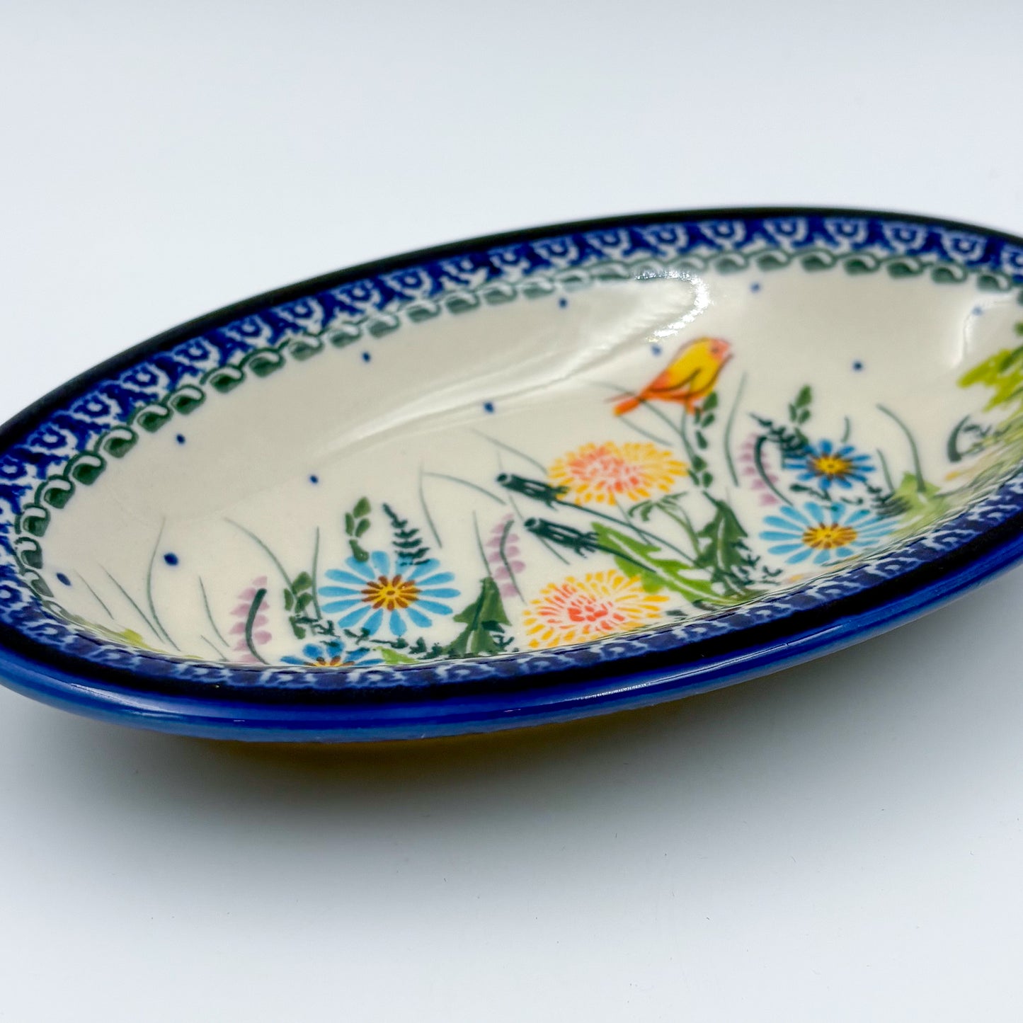 7" Oval Milano Platter  Hand crafted Polish pottery stoneware: UNIKAT Songbird Garden