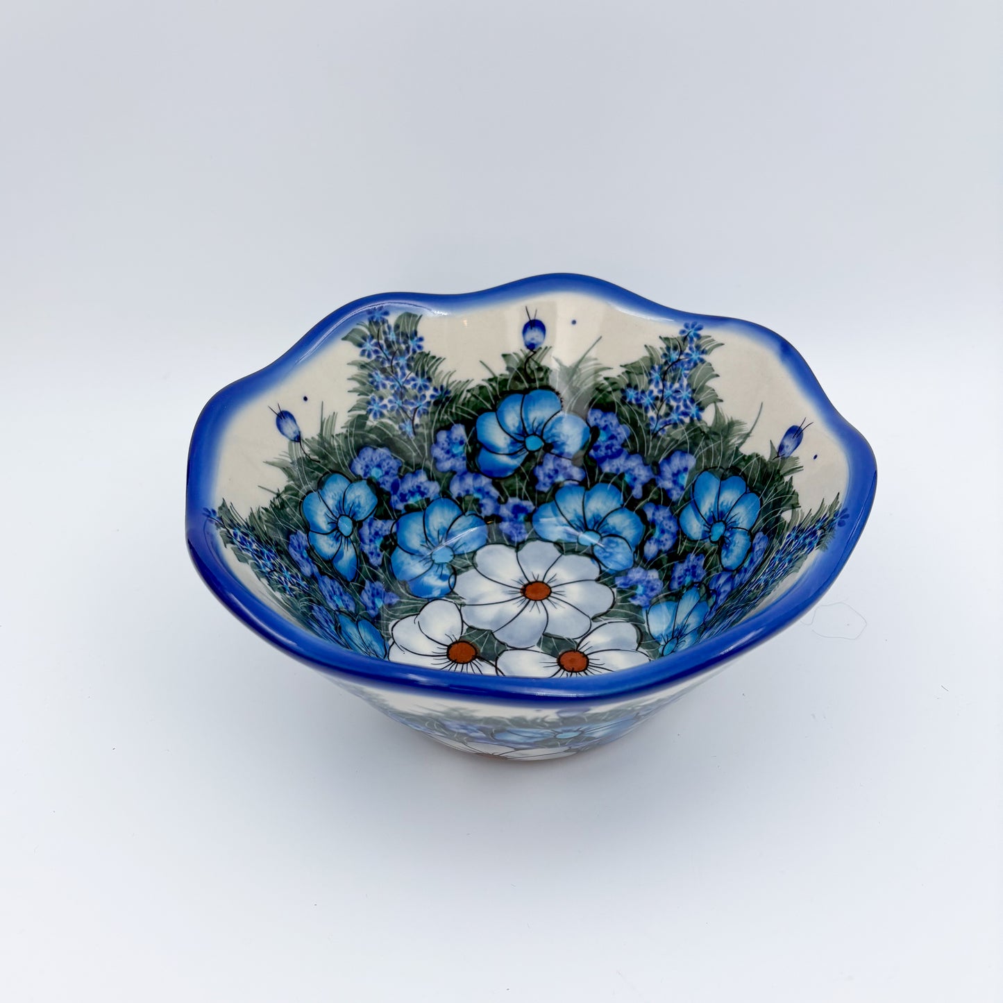7" Wavy Bowl  Hand crafted Polish pottery stoneware: UNIKAT Forget Me not Pansy