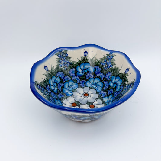 7" Wavy Bowl  Hand crafted Polish pottery stoneware: UNIKAT Forget Me not Pansy
