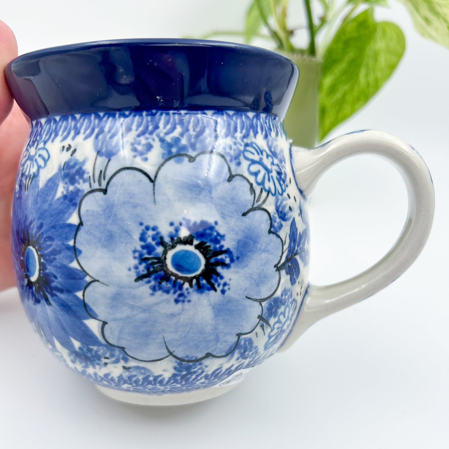 16 oz Bubble Mug. Handcrafted Polish pottery stoneware: UNIKAT Blue Wildflower