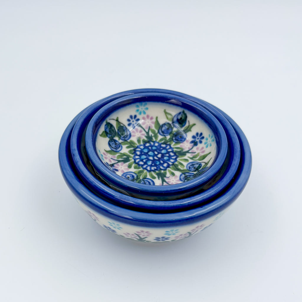 Small Set 3 stacking Bowls.  Hand crafted Polish pottery stoneware:  UNIKAT Blueberry Design