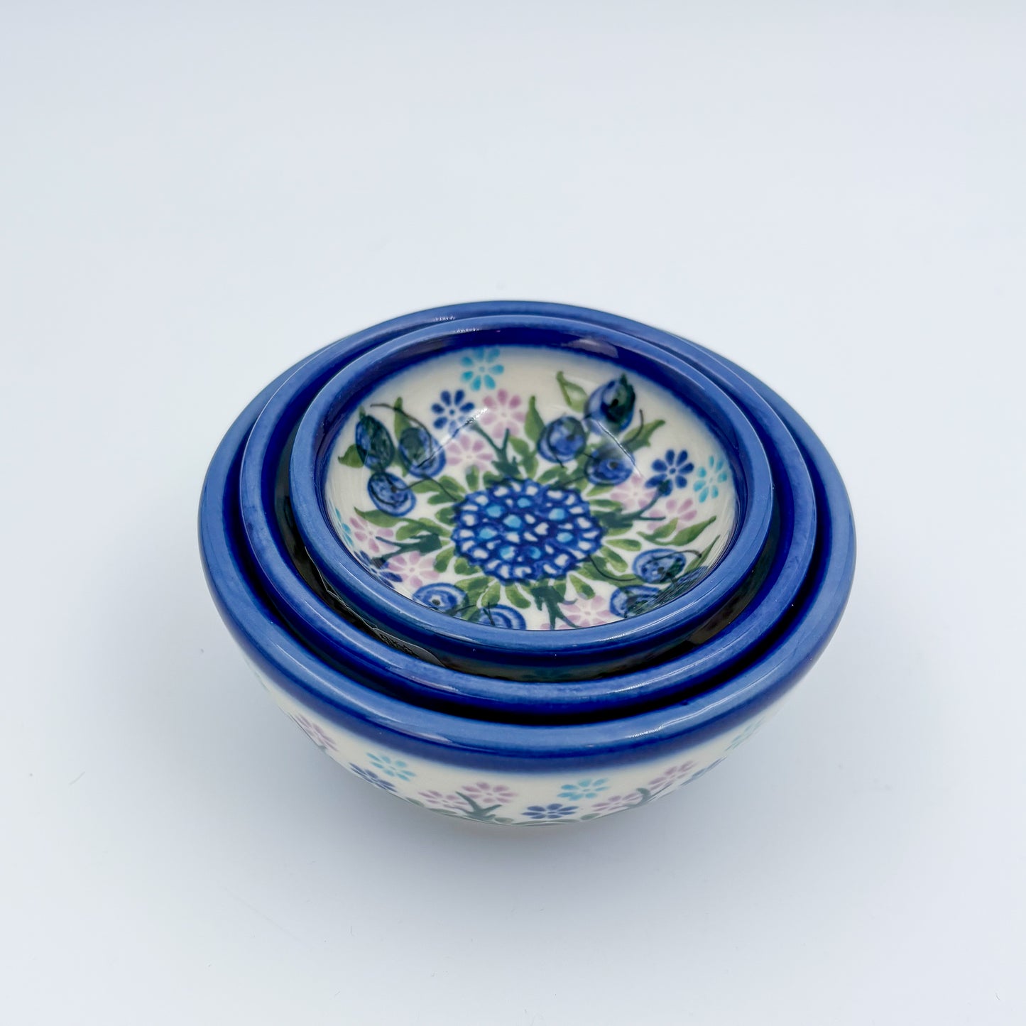 Small Set 3 stacking Bowls.  Hand crafted Polish pottery stoneware:  Blueberry Design
