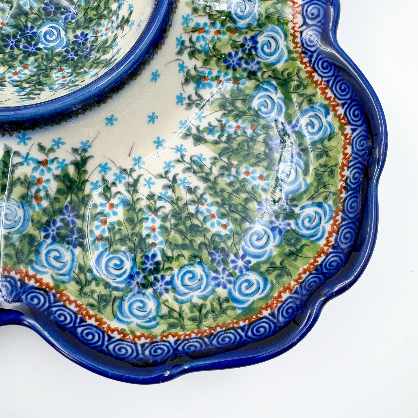 11" Divided Platter with Center Bowl.  Hand crafted Polish pottery stoneware: UNIKAT Whispering Ferns