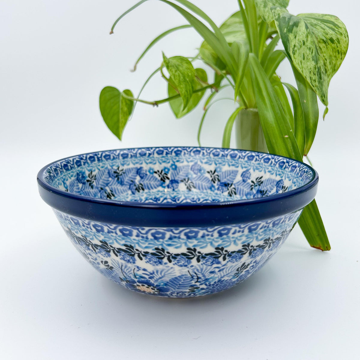 Fields of Blue stacking bowl on white background, front view