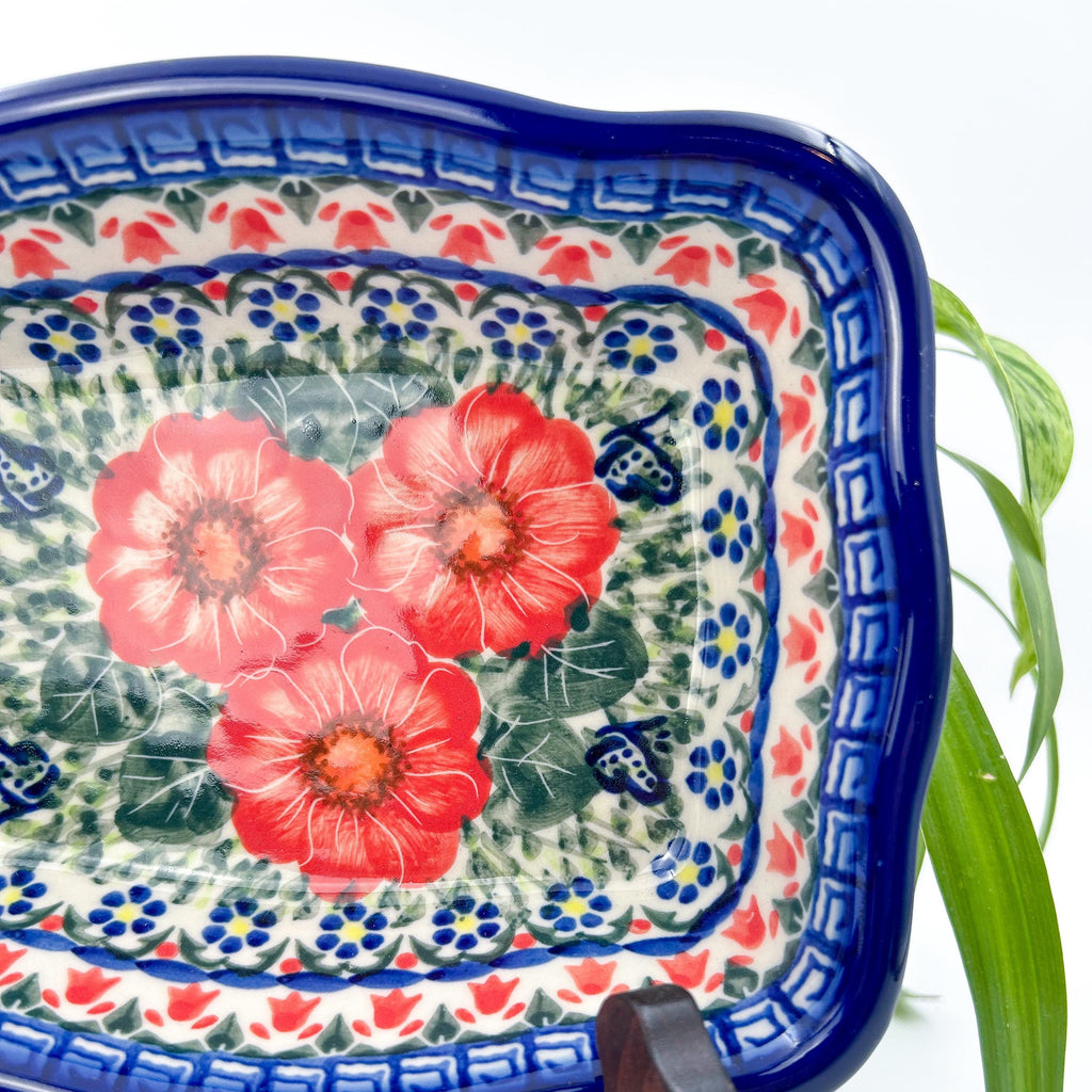 rectangular 8” baker with red poppy flowers is made by talented artisans