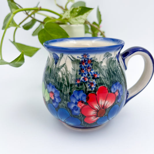 10 oz Bubble Mug. Handcrafted Polish pottery stoneware:  UNIKAT Forget Me Not Pansy