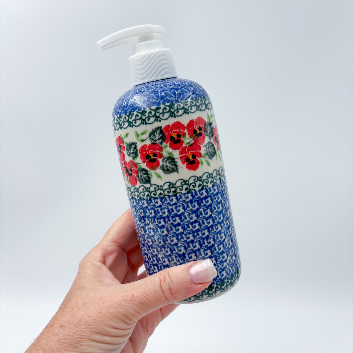 Soap Dispenser 7"  Handmade Polish pottery.  UNIKAT  Delicate Red Flowers Design