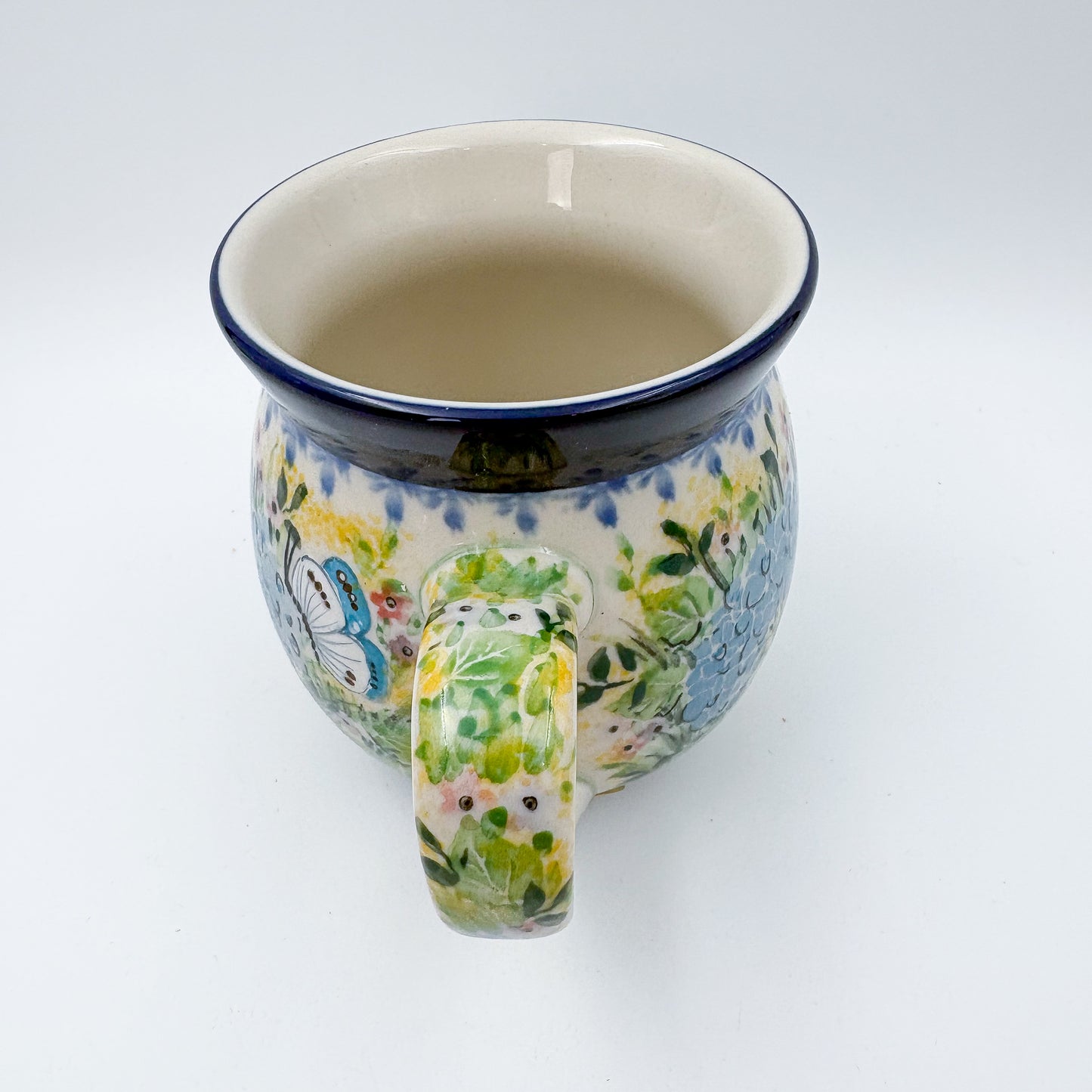 16 oz Bubble Mug. Handcrafted Polish pottery stoneware: UNIKAT Blue Hydrangea Design