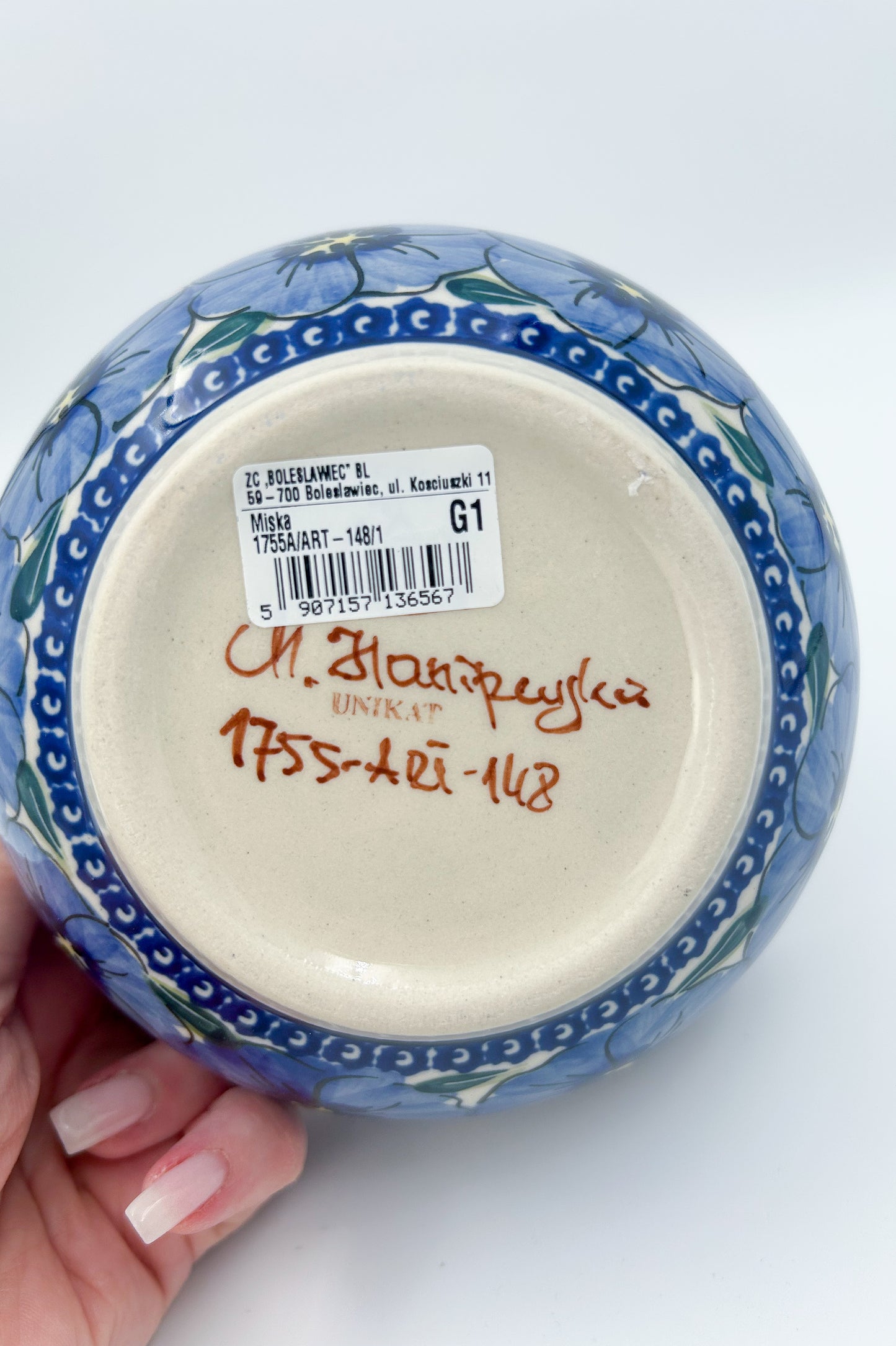 6.25” Deep Bowl.  Hand crafted Polish pottery stoneware: Bloomin Sky