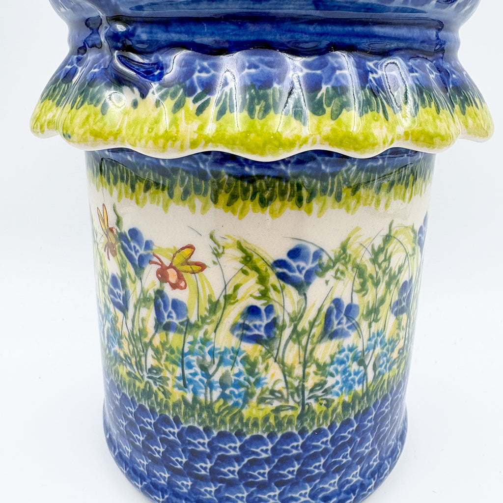 7" Container with Ruffled Lid Large.  Handmade Polish pottery.  UNIKAT Bluebell Meadow Design
