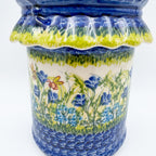 7" Container with Ruffled Lid Large.  Handmade Polish pottery.  UNIKAT Bluebell Meadow Design