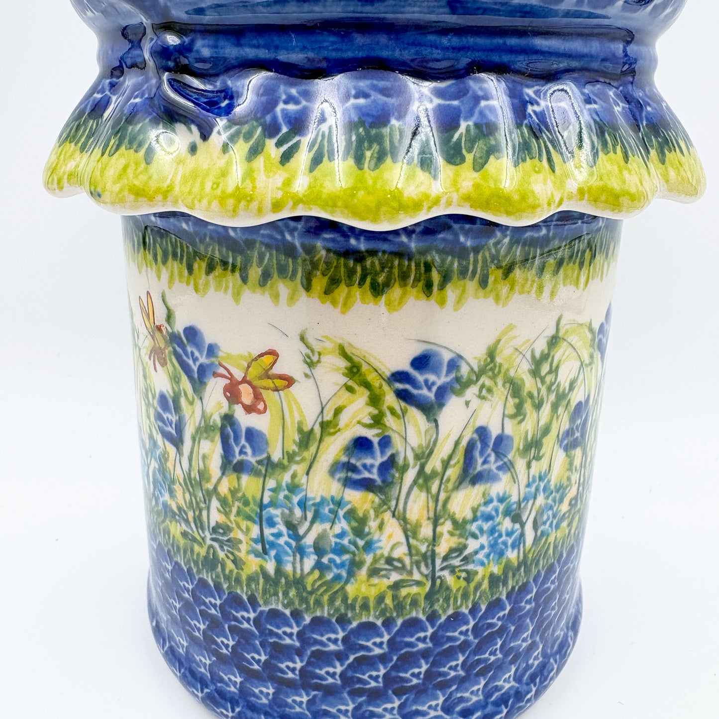 7" Container with Ruffled Lid Large.  Handmade Polish pottery.  UNIKAT Bluebell Meadow Design