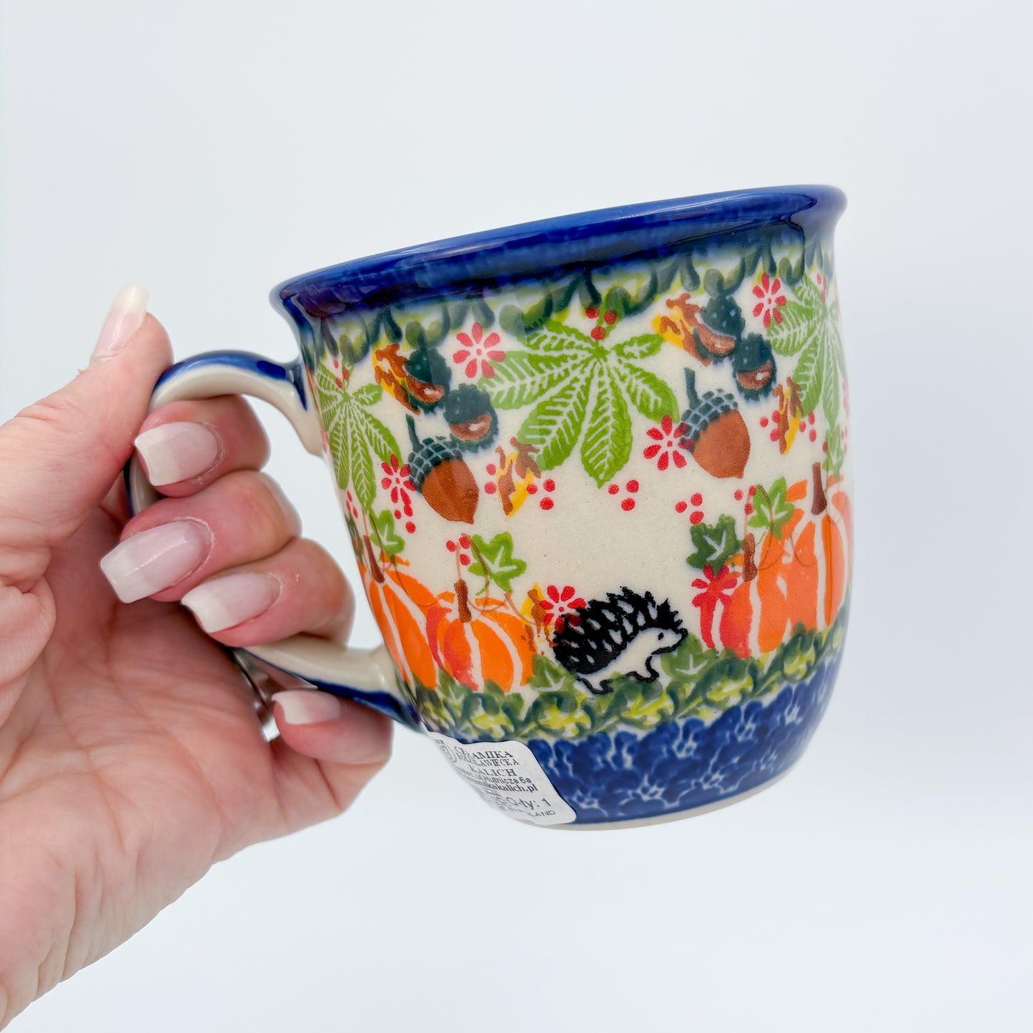 14 oz Viking Mug. Handcrafted Polish pottery stoneware:  UNIKAT Hedgehog and Pumpkins