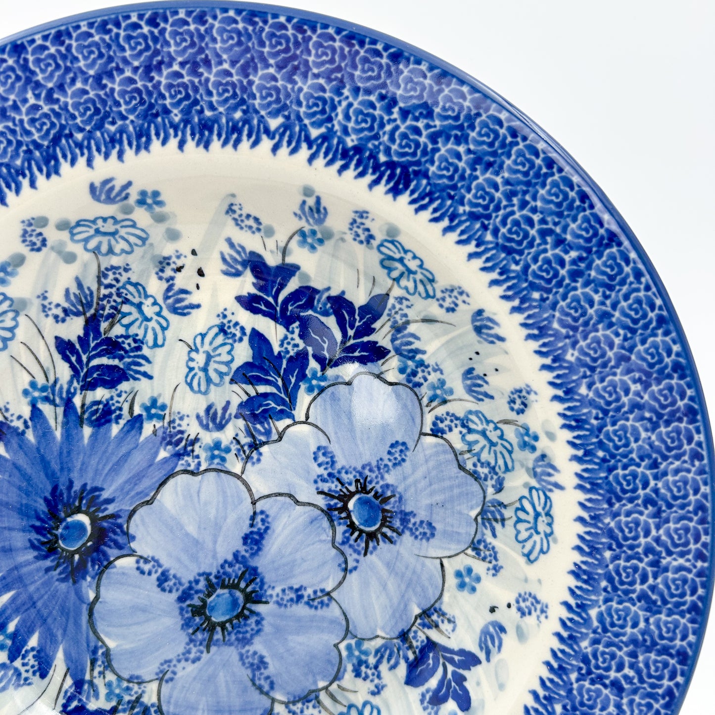 9” Pasta  Bowl.  Hand crafted Polish pottery stoneware: UNIKAT Blue Wildflower Patch