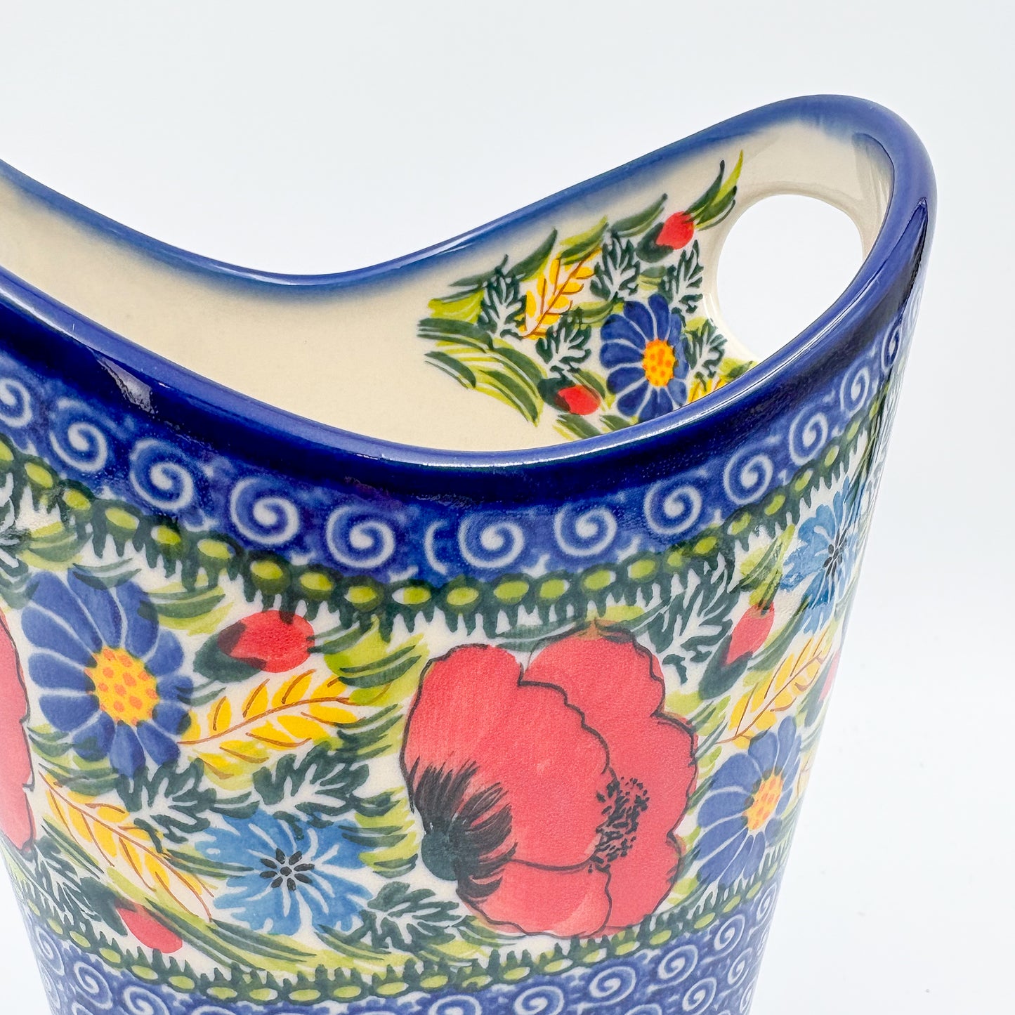 Basket Container & Utensil Med.  Handmade Polish pottery.  UNIKAT Garden Poppy Design