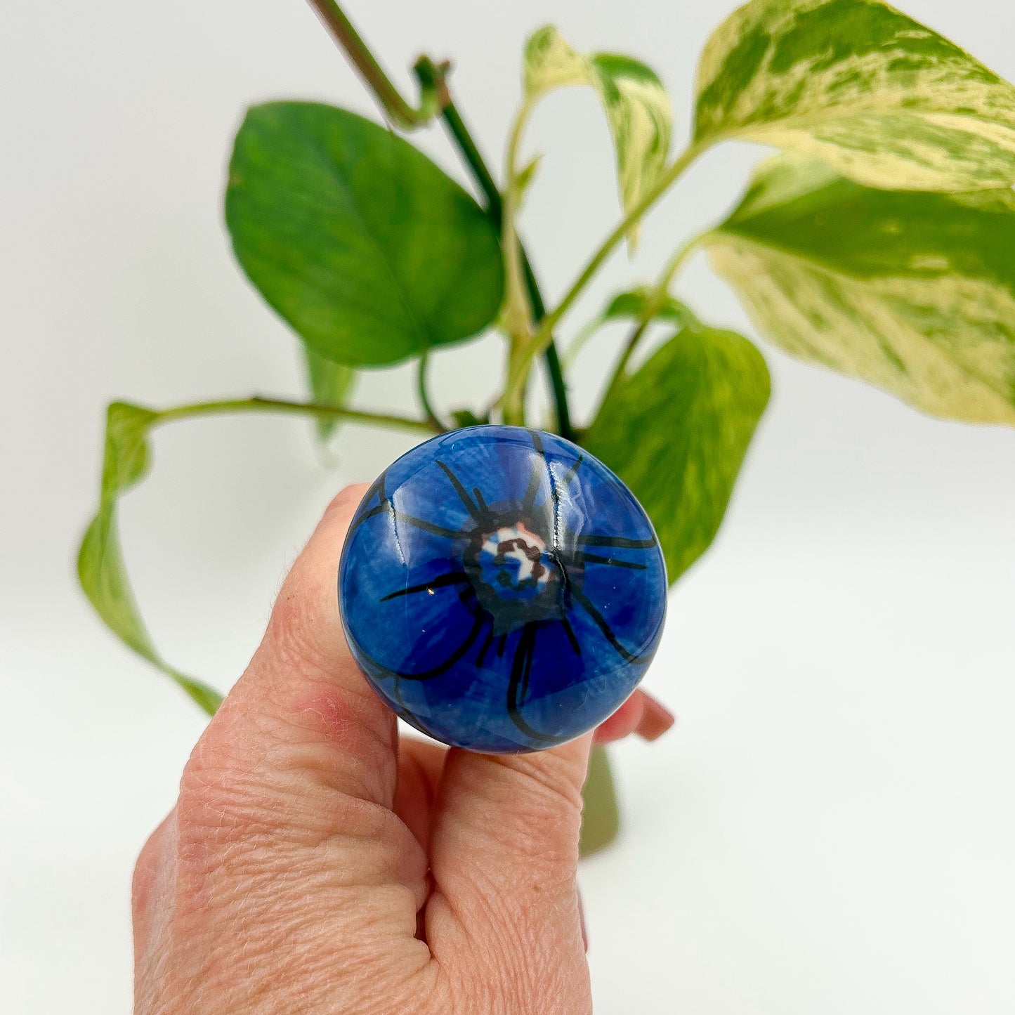 3" Bottle Stopper.  Polish Pottery Stoneware. Cobalt Poppies Design