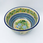 9” Serving Bowl.  Hand crafted Polish pottery stoneware: UNIKAT Blue Hydrangea Design