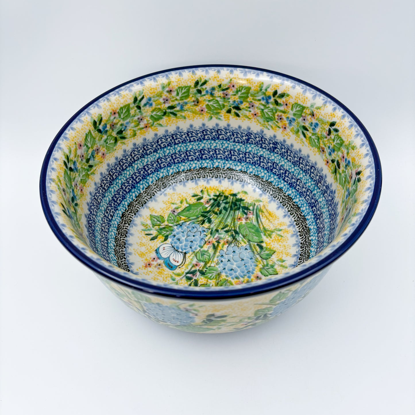 9” Serving Bowl.  Hand crafted Polish pottery stoneware: UNIKAT Blue Hydrangea Design