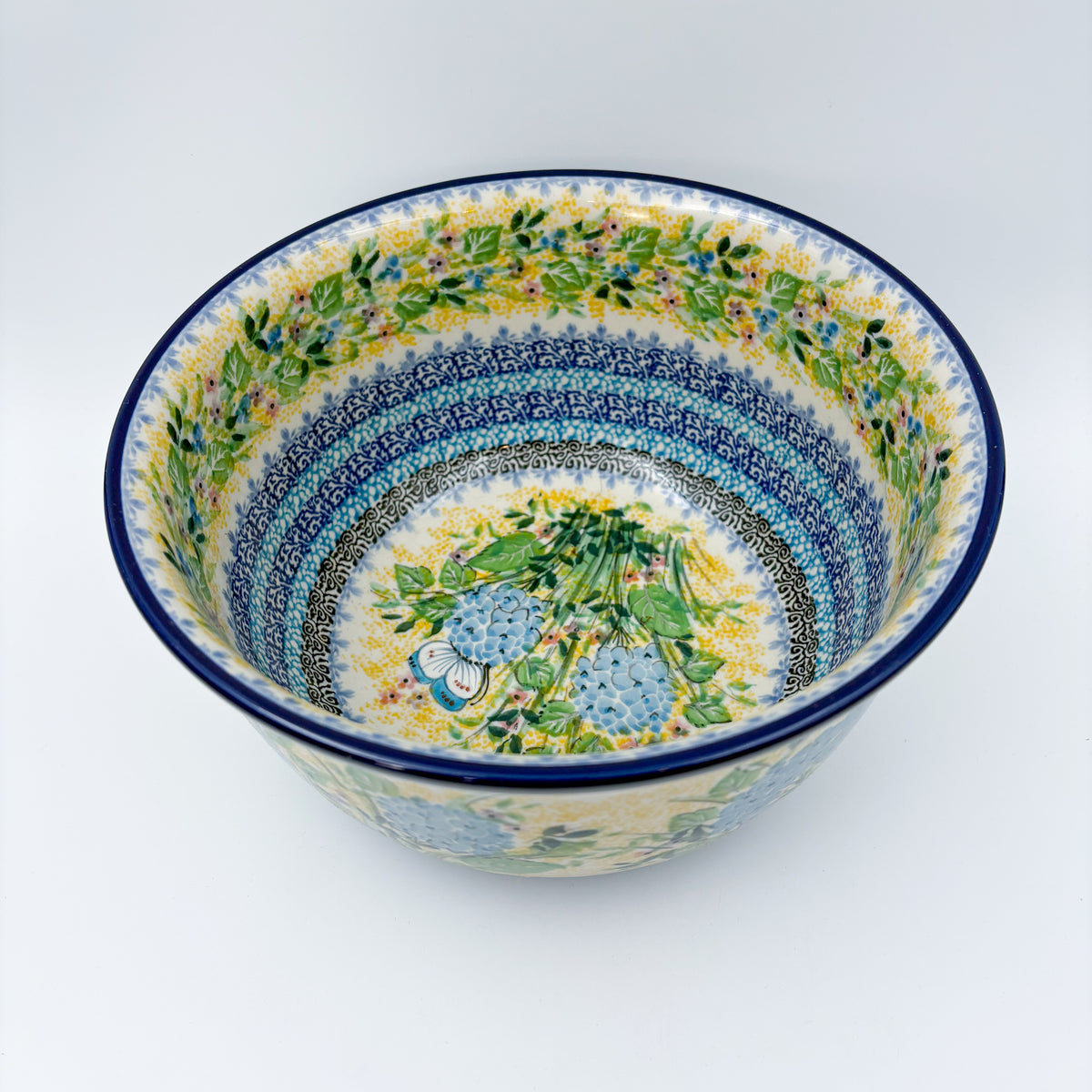 9” Serving Bowl.  Hand crafted Polish pottery stoneware: UNIKAT Blue Hydrangea Design