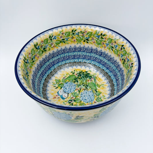 9” Serving Bowl.  Hand crafted Polish pottery stoneware: UNIKAT Blue Hydrangea Design