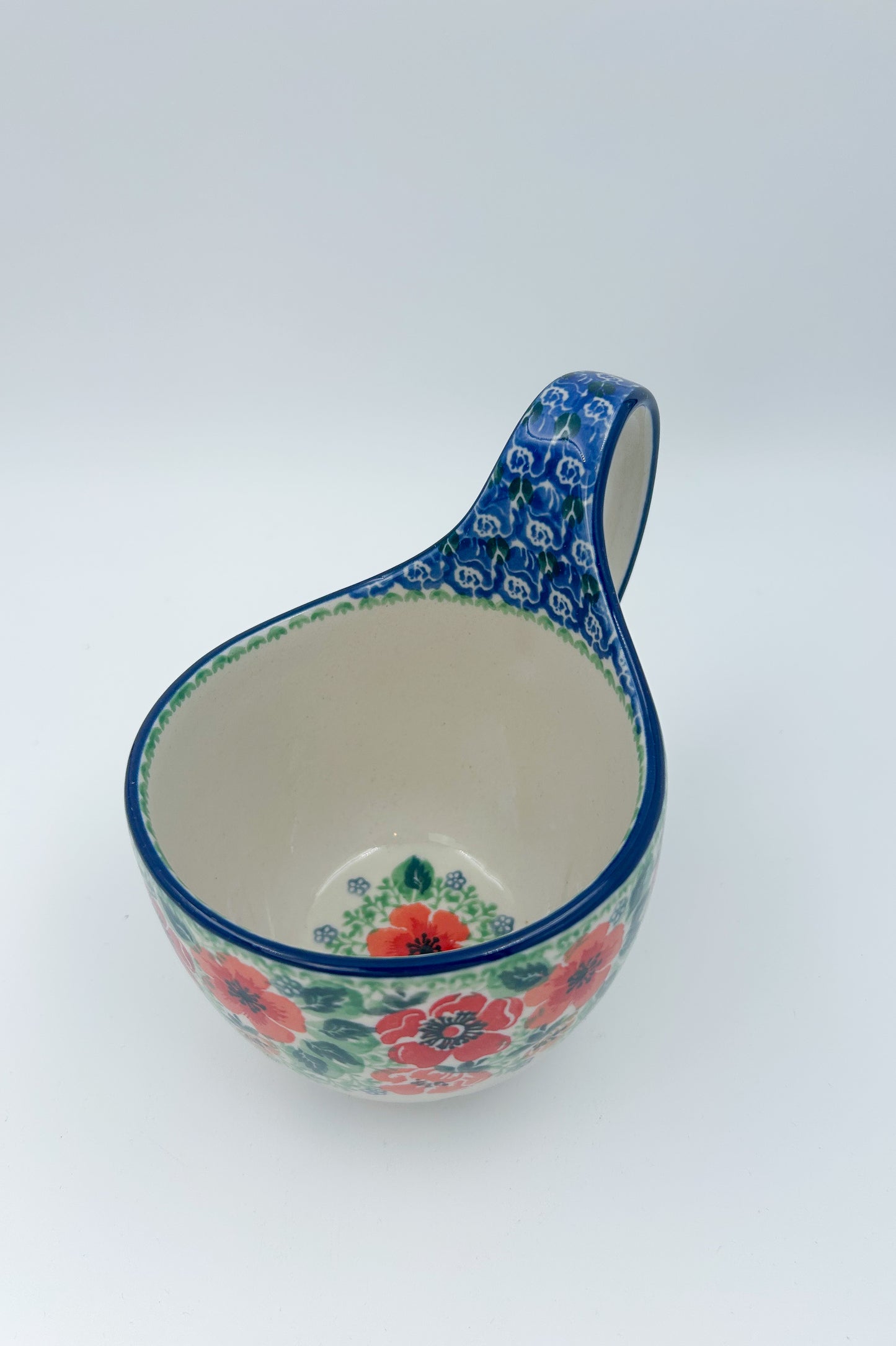16 oz Bowl with Loop-Handle.  Hand crafted Polish pottery stoneware: UNIKAT Candy Red Poppy