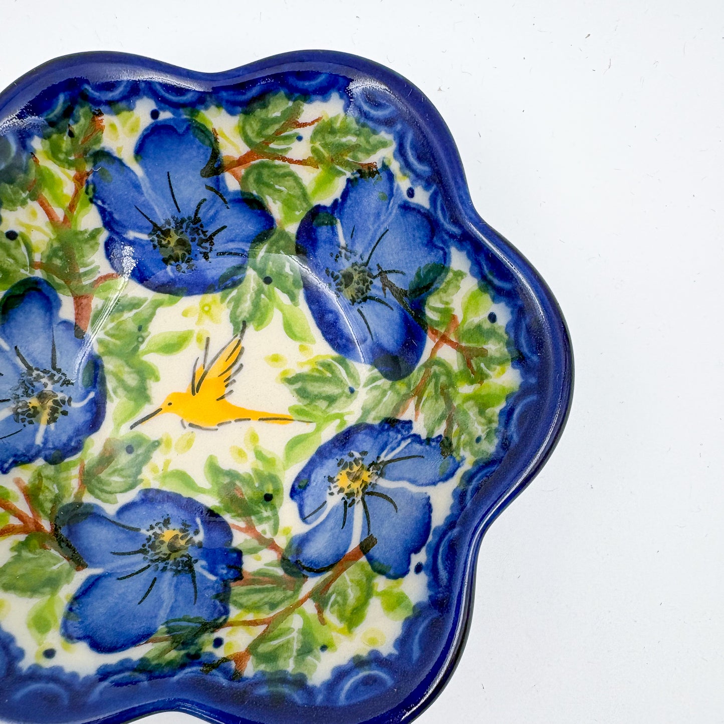 5” Bowl Flower.  Hand crafted Polish pottery stoneware:  UNIKAT Blue Poppy Songbird pattern