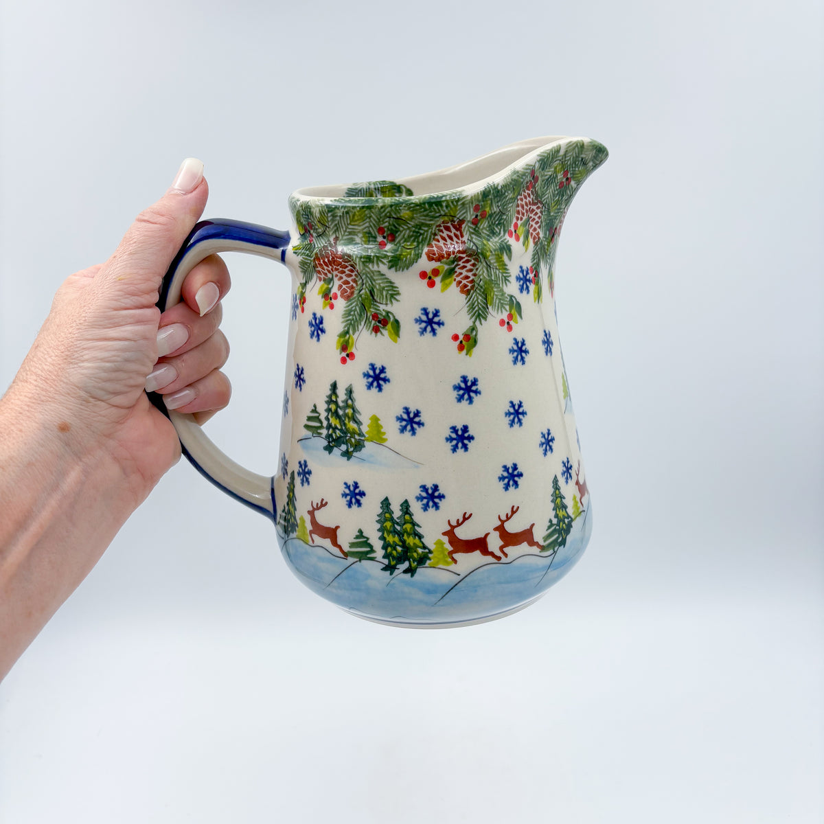 48 oz. Jacek Pitcher.  Hand painted Polish pottery stoneware UNIKAT Reindeer Bliss