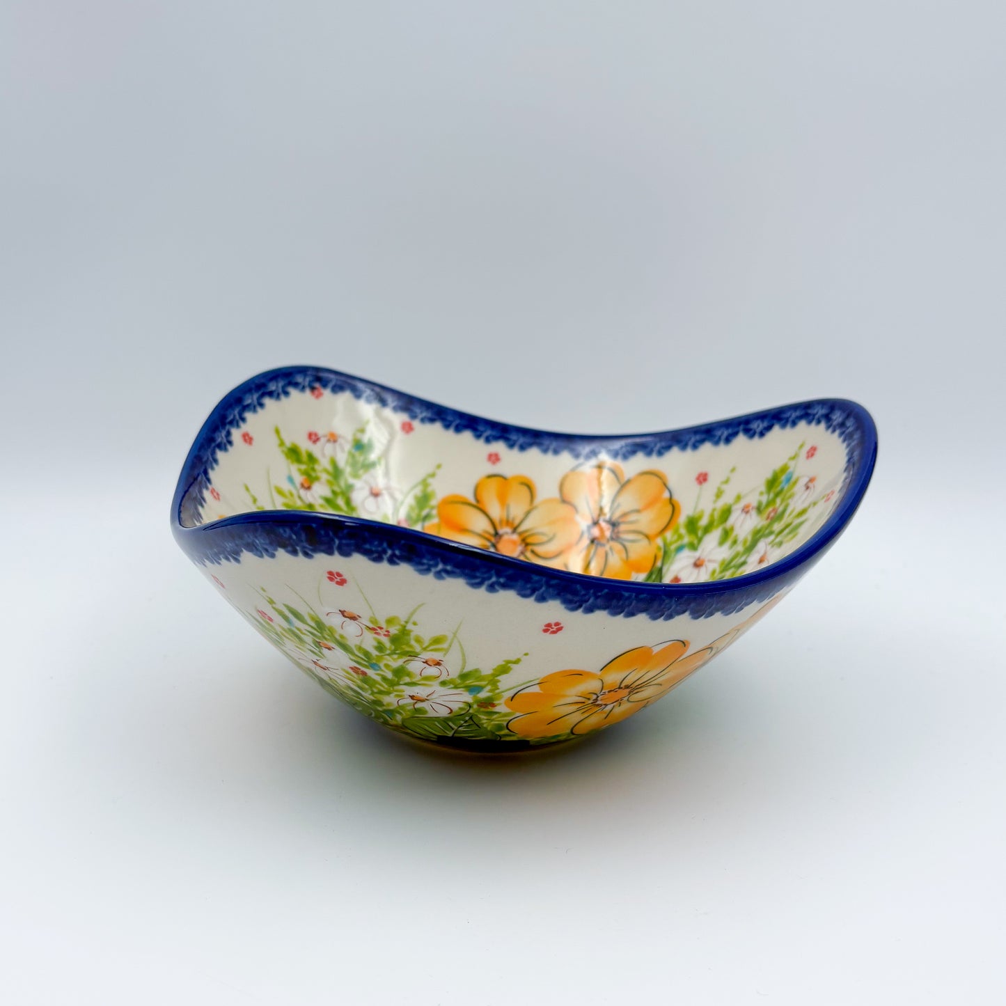 3 Point Bowl.  Hand crafted Polish pottery stoneware:  UNIKAT Orange Poppy Pattern