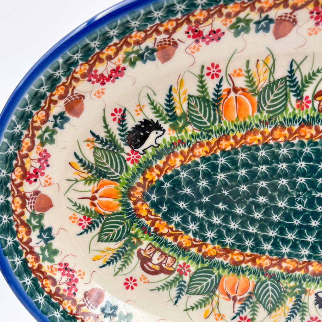 14.5" Oval Platter.  Hand crafted Polish pottery stoneware: UNIKAT Hedgehog and Pumpkins