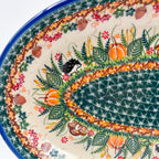 14.5" Oval Platter.  Hand crafted Polish pottery stoneware: UNIKAT Hedgehog and Pumpkins