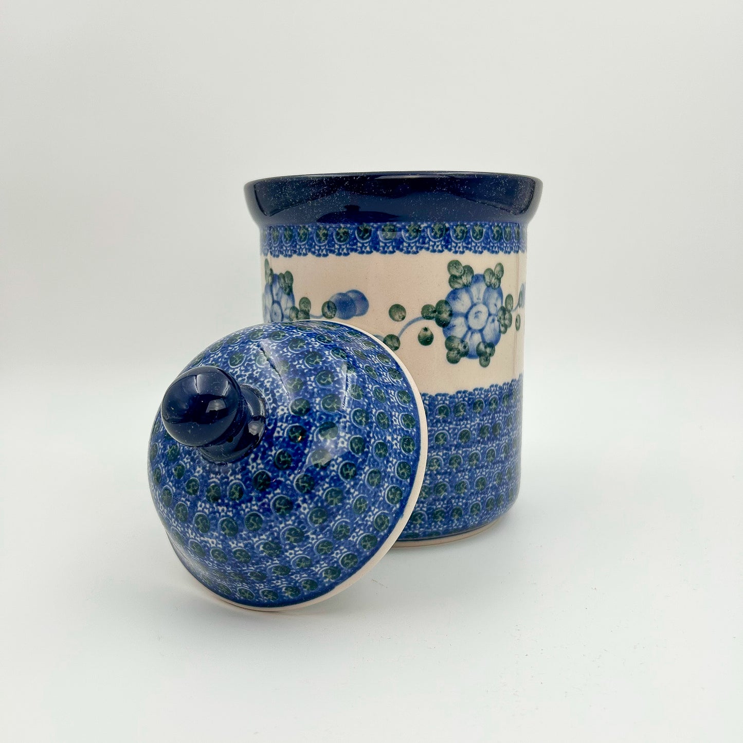 8" Cookie Jar. Hand painted Polish pottery stoneware.  Blue Poppies
