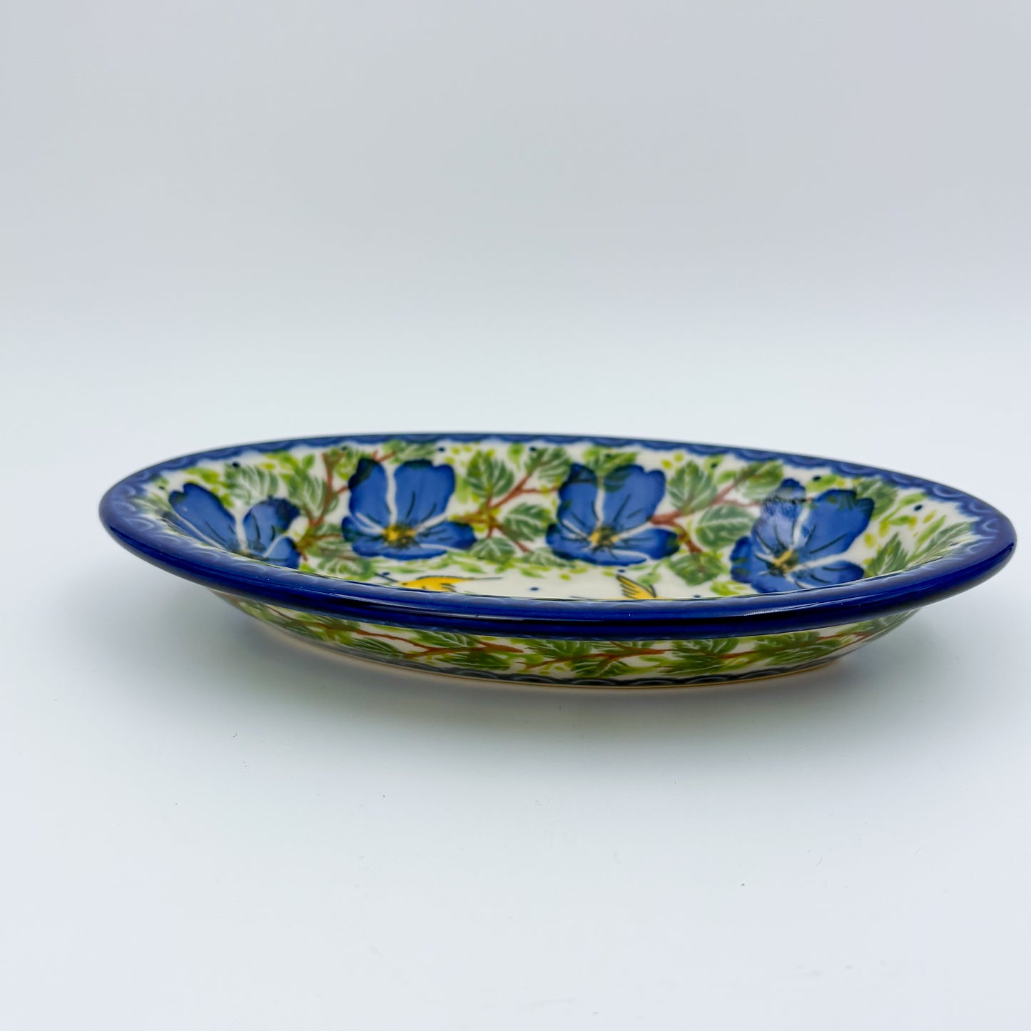 7" Oval Milano Platter  Hand crafted Polish pottery stoneware: UNIKAT Blue Poppy Songbird