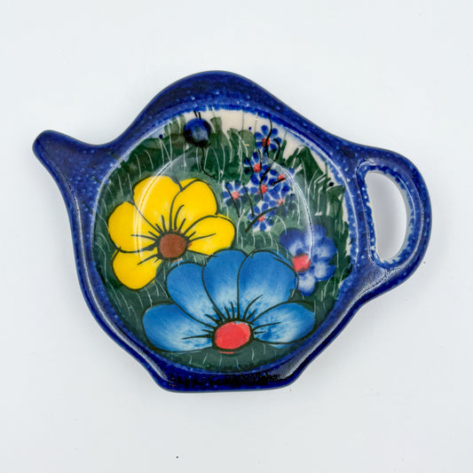 Teabag Holder.  Handmade Teapot Polish pottery.  UNIKAT Forget Me Not Pansy