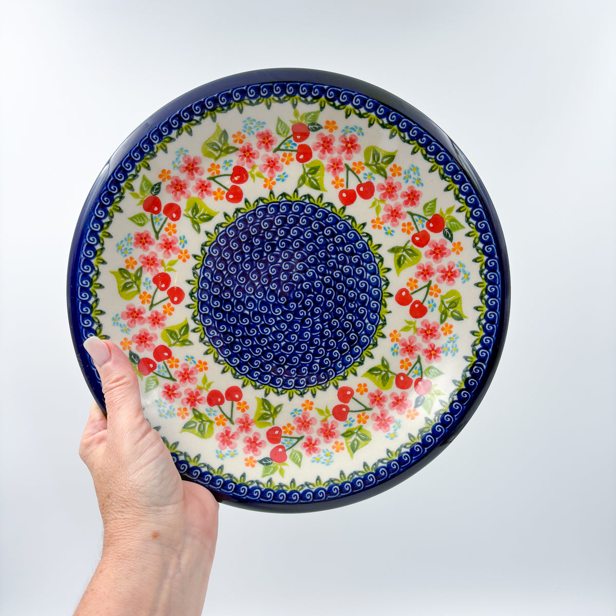 10.2” Plate.  Hand crafted Polish pottery stoneware: UNIKAT Cherry Blossom Design