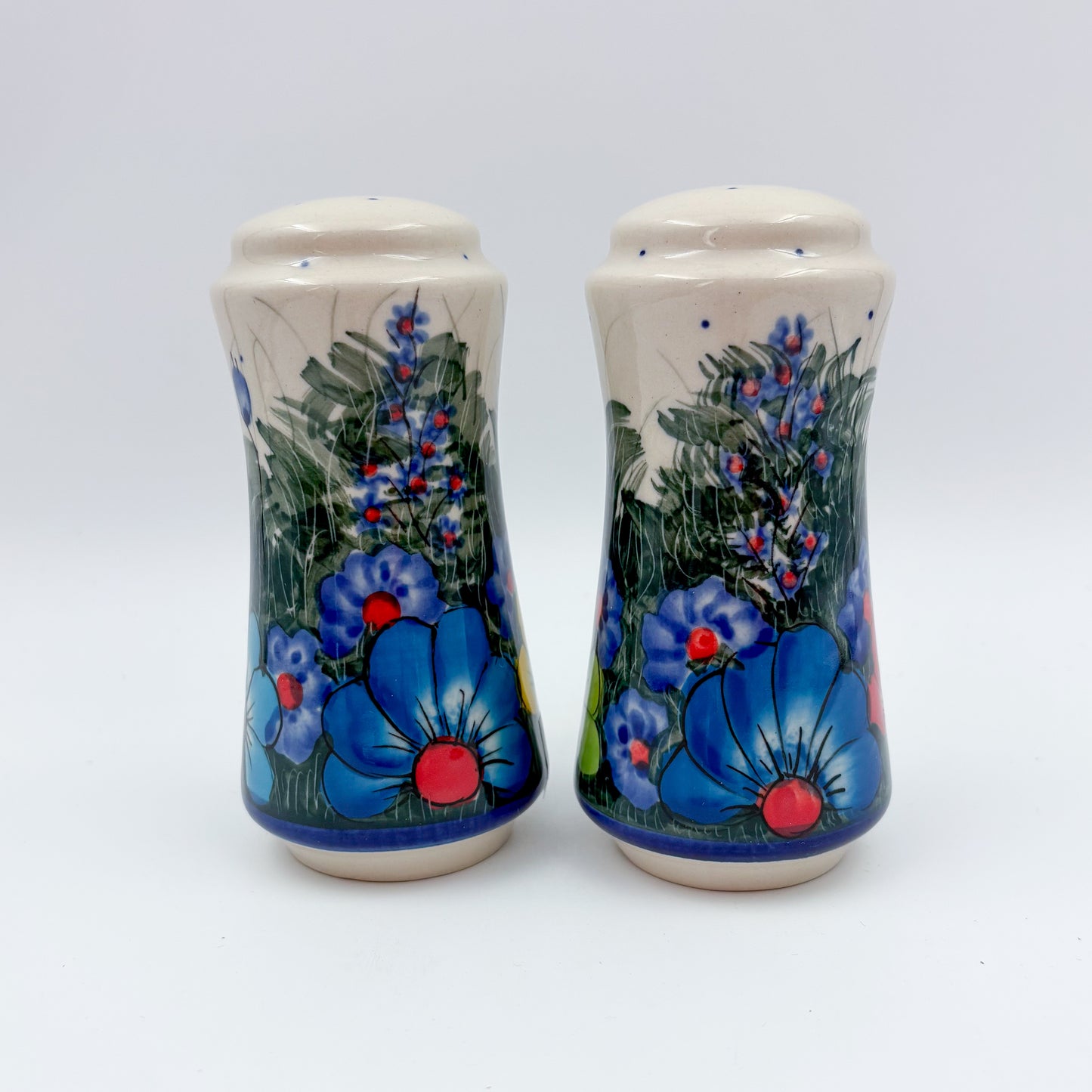 5” Salt and Pepper Shakers.  Handmade Polish pottery.  UNIKAT Forget Me Not Pansy
