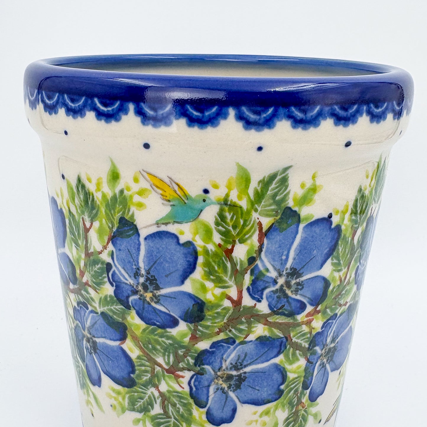 Utensil Jar 5.5”.  Handmade Polish pottery.  UNIKAT Blue Poppy Songbird