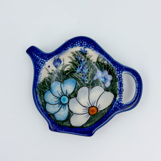 Teabag Holder.  Handmade Polish pottery.  UNIKAT Forget Me Not Pansy